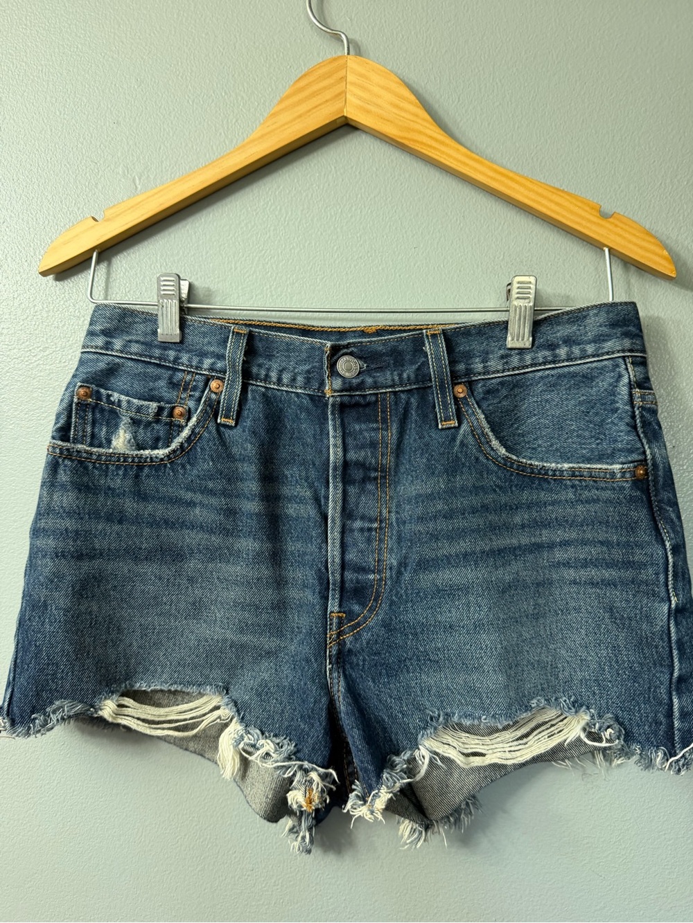 levis 501 button fly jean shorts High-Rise Distressed Denim Shorts Dark Blue 29